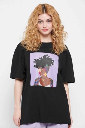 Funky Buddha γυναικείο βαμβακερό T-shirt με τύπωμα μπροστά Loose Fit - FBL007-130-04 Μαύρο